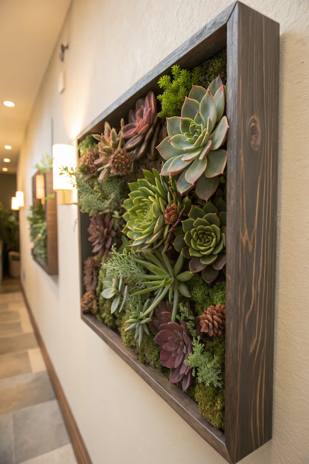 A shadow box filled with layered succulent wall art.
