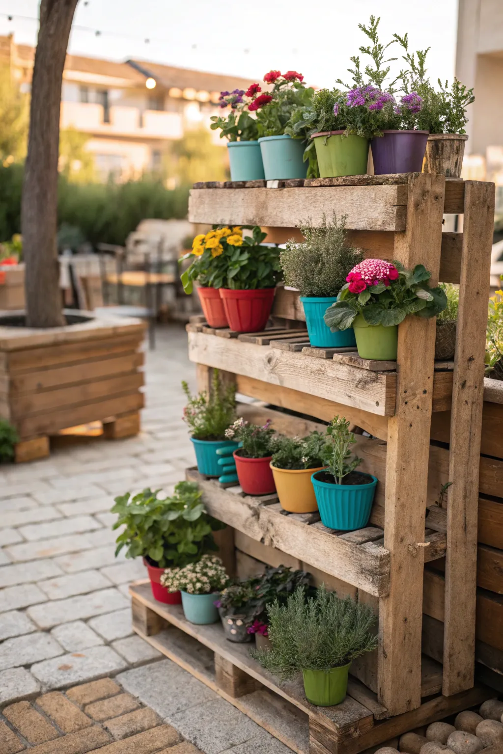 A rustic wooden pallet showcasing potted plants outdoors.