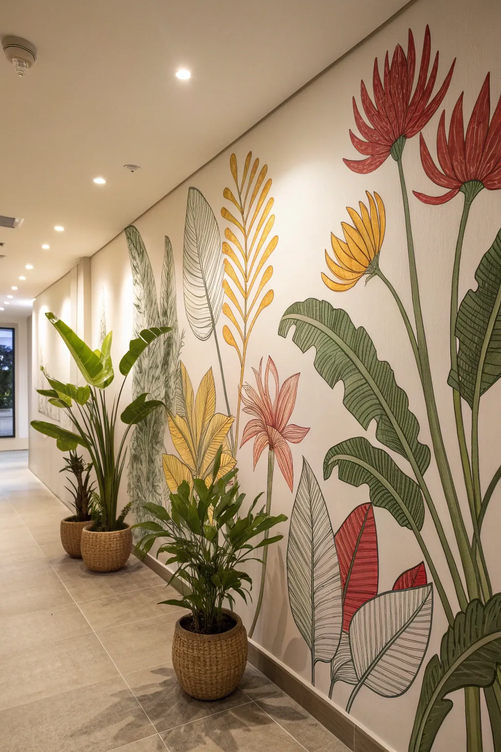 Wall decals featuring colorful plant illustrations in an indoor space.