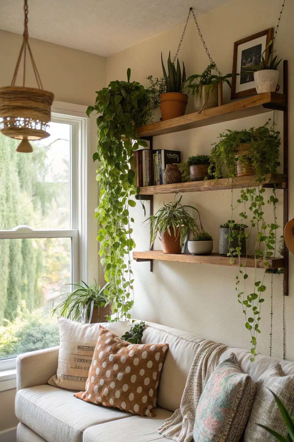 A cozy living room nook decorated with various plants.