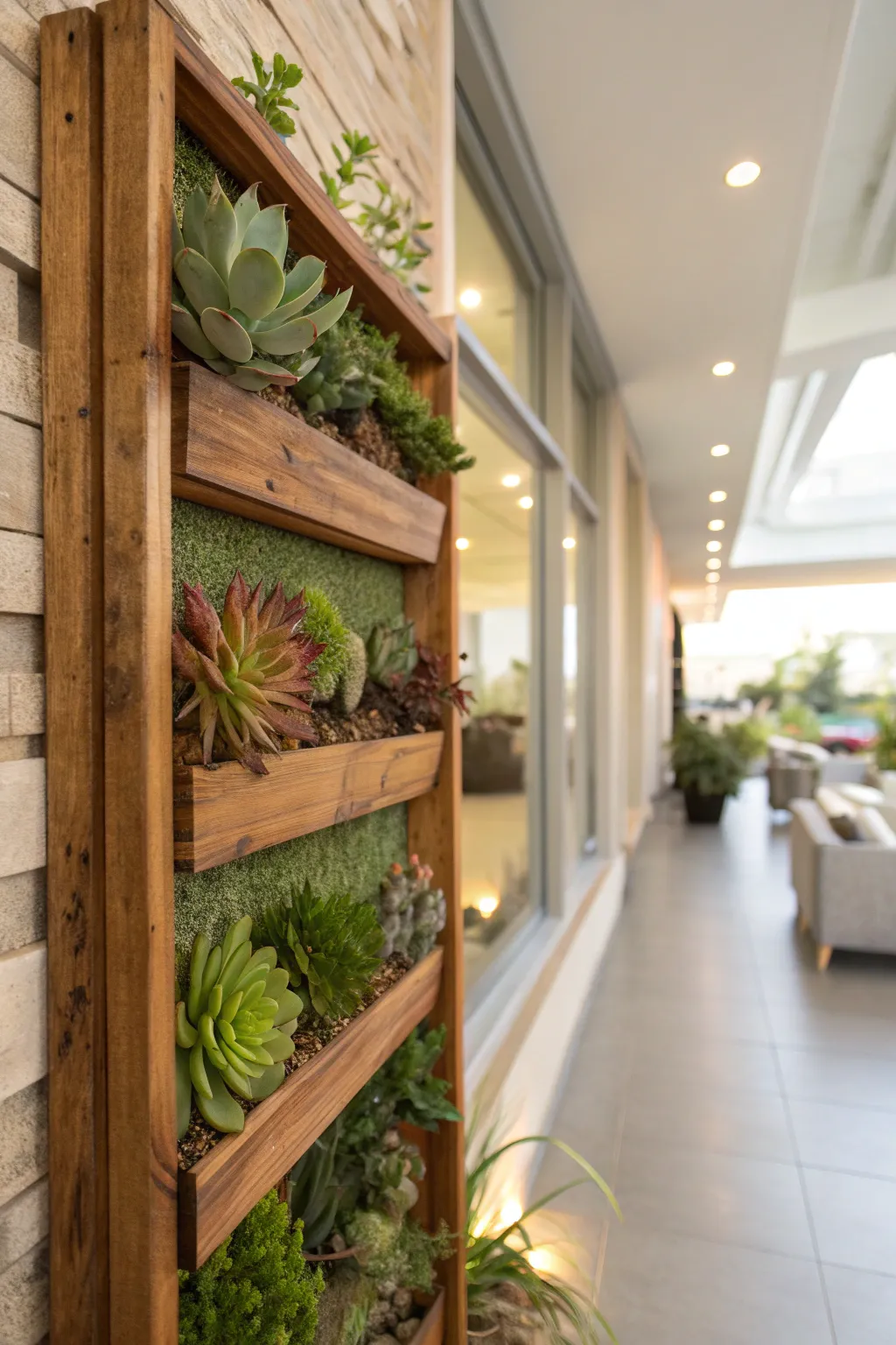 Vertical garden of wooden frames filled with various succulents in a modern interior.