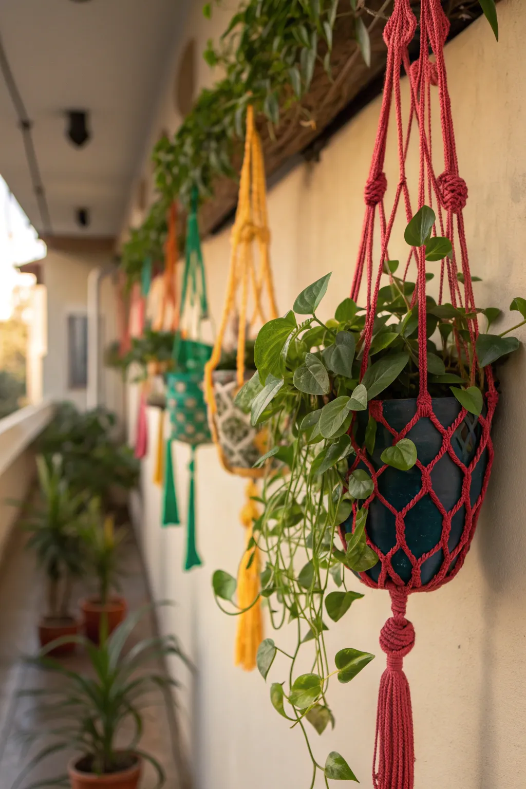 Colorful macramé plant hangers holding trailing plants in a softly lit space.