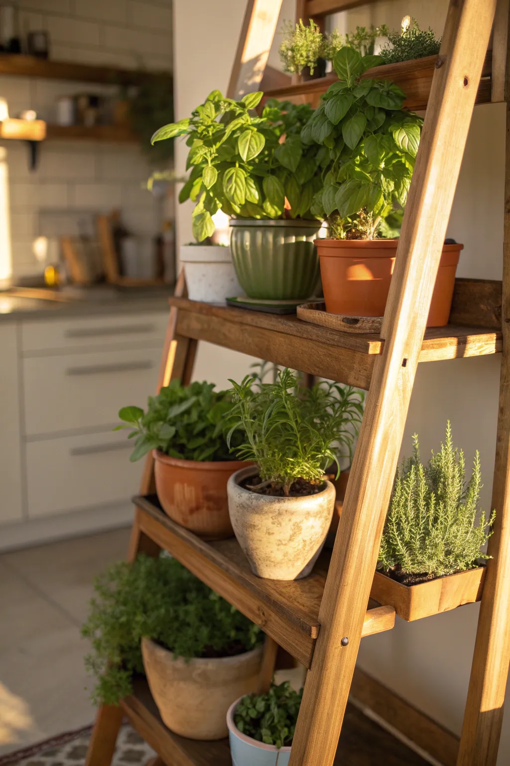 Wooden shelves filled with various potted herbs in a warm kitchen setting.
