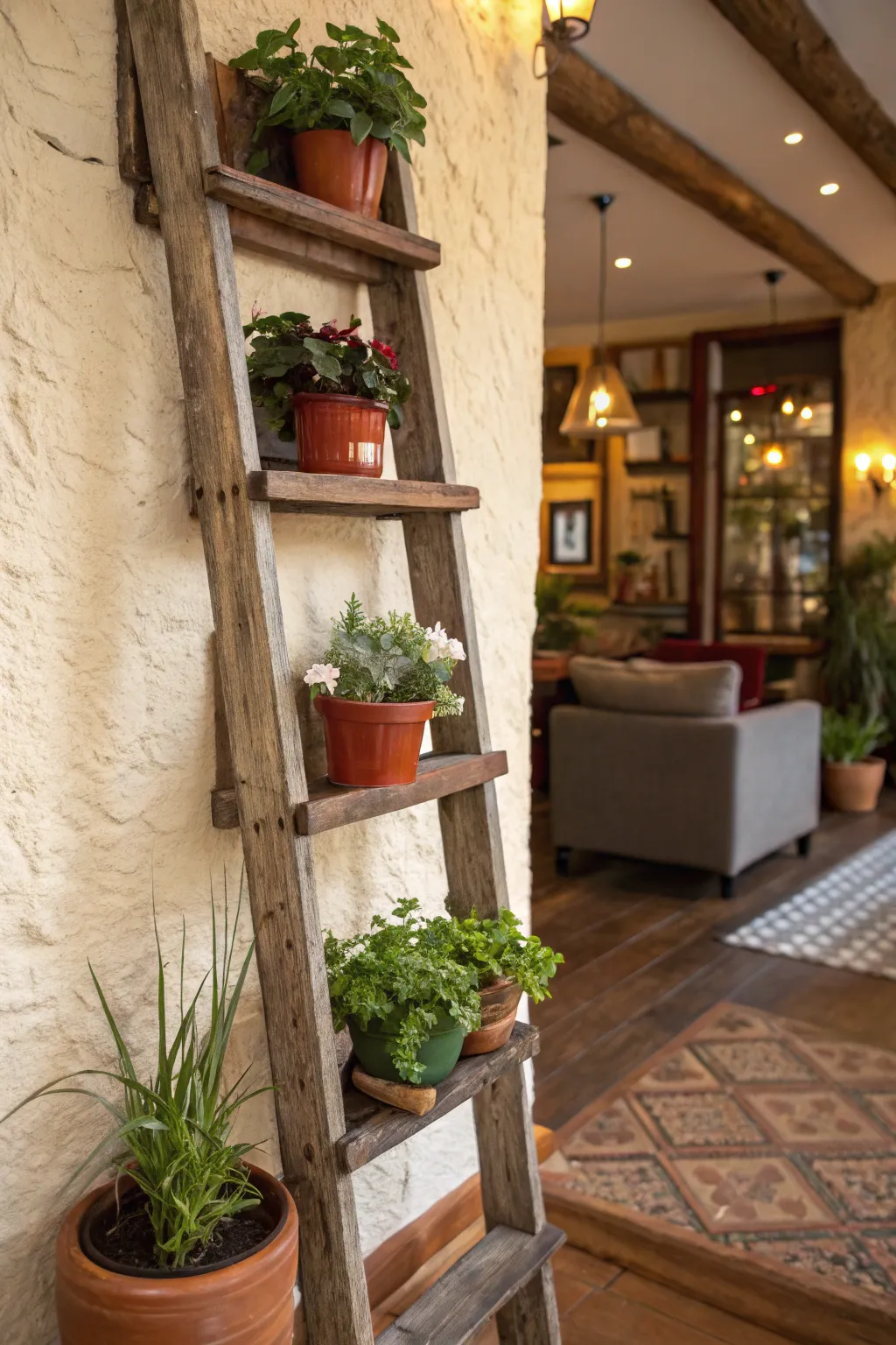 Rustic ladder with potted plants creating a charming plant wall.