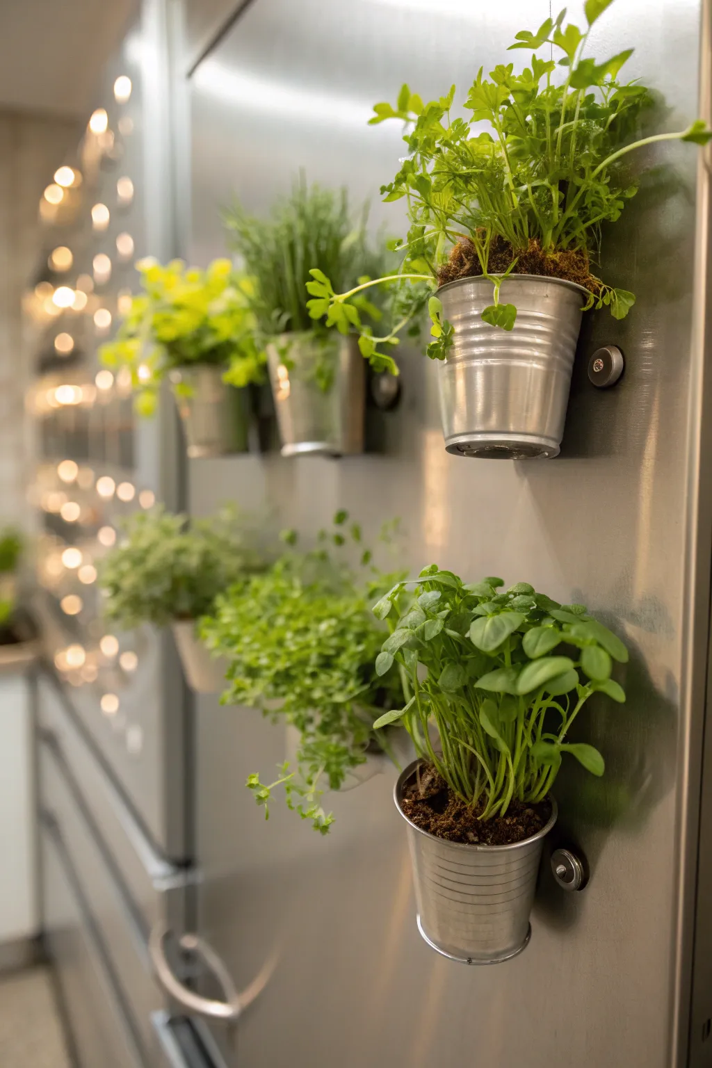 Magnetic planters displaying herbs on a metal surface in a compact space.