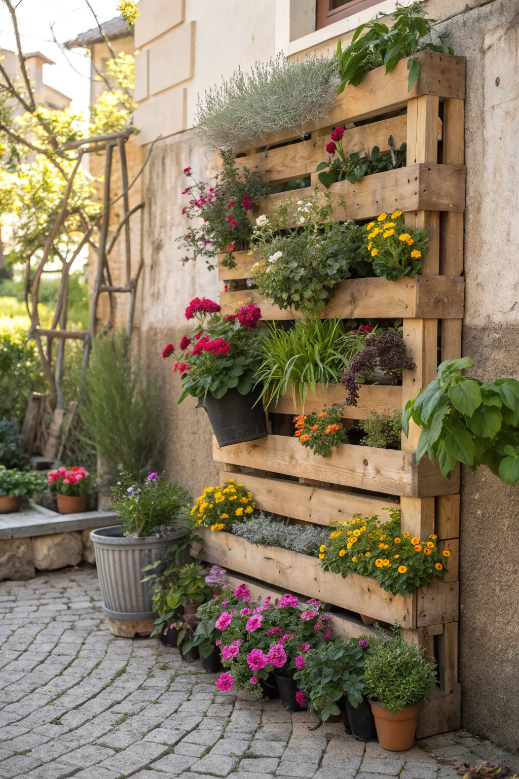 Pallet plant wall filled with flowers and herbs against a rustic backdrop.