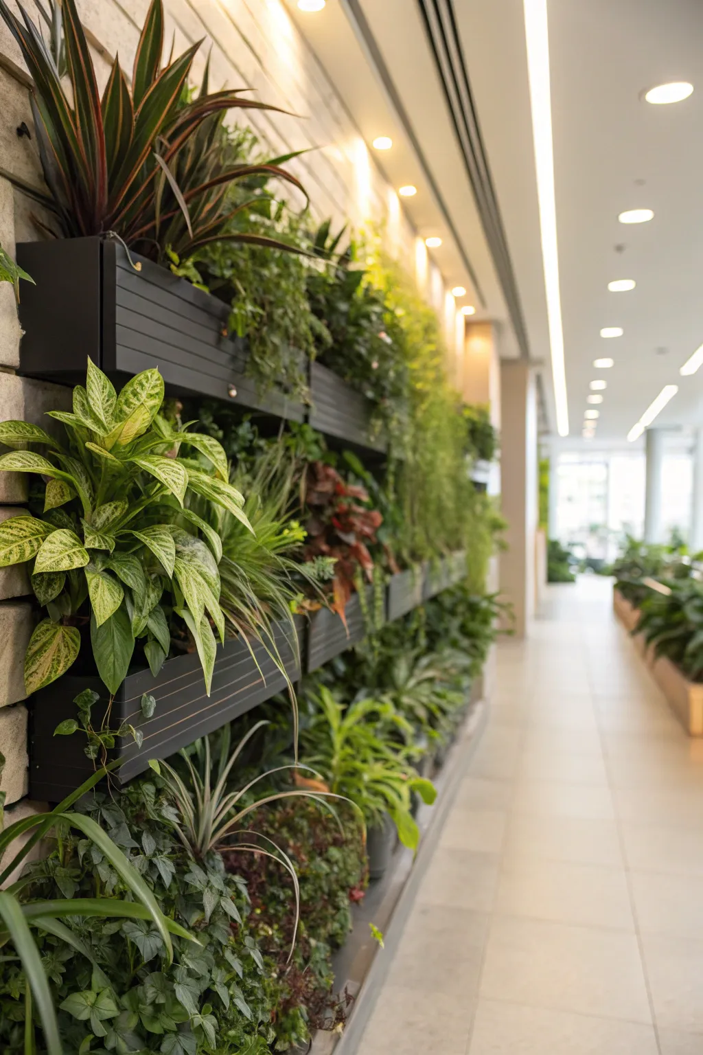 Modular living wall filled with various houseplants in a vibrant display.