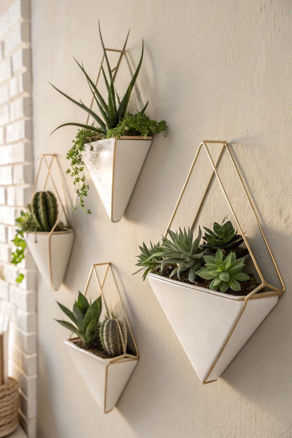Sleek wall-mounted planters in geometric shapes on a neutral wall.