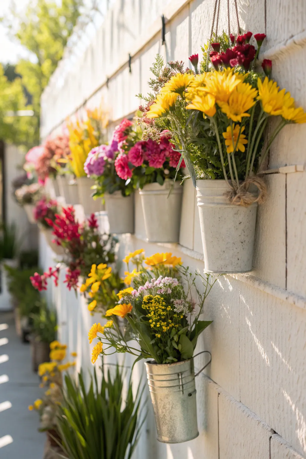Vibrant hanging flower wall displaying seasonal blooms in various vases.