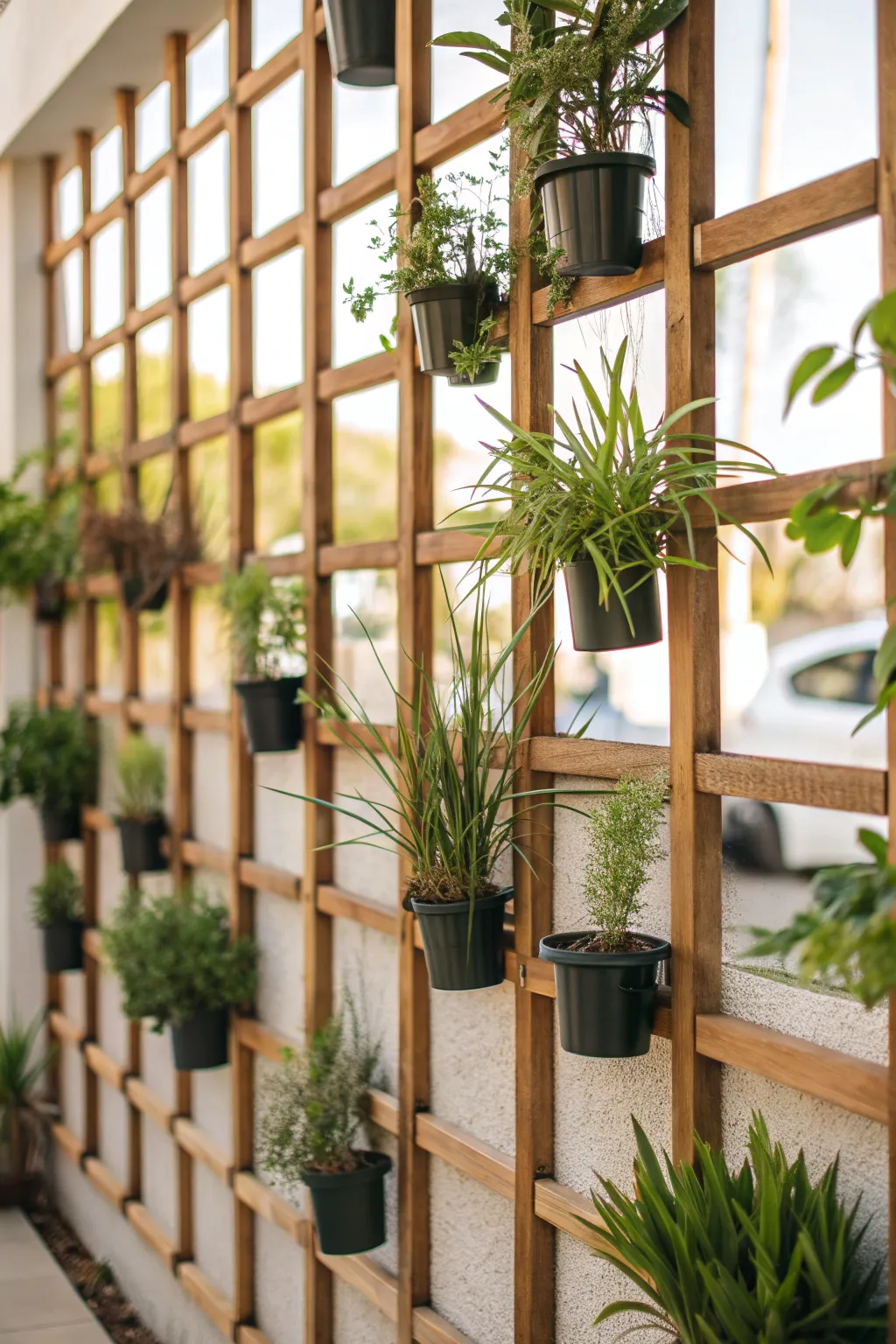 Modern grid plant wall with small pots arranged in a structured design.