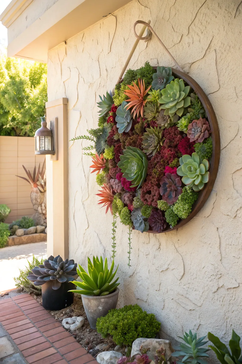 Circular wall art filled with colorful succulents hanging on a wall.