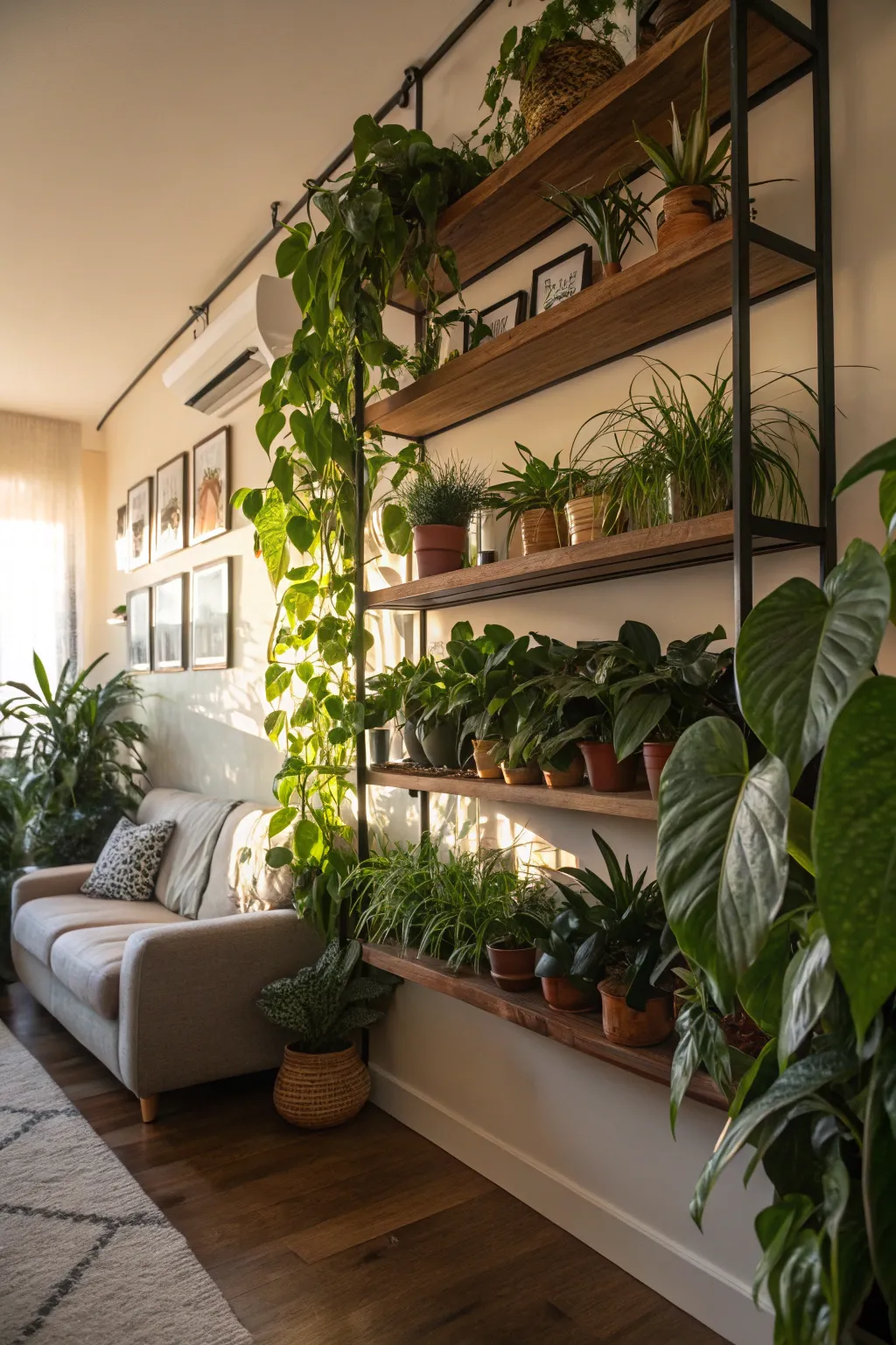 Indoor plant wall with various houseplants thriving in a cozy living room.