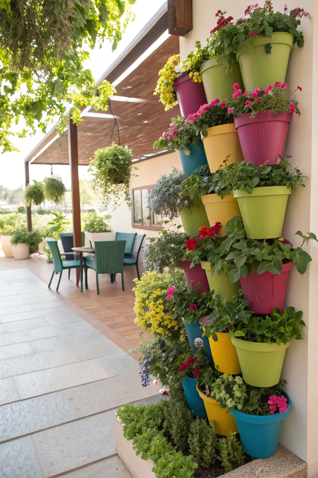 Colorful stacked planters creating a vibrant display on a patio.