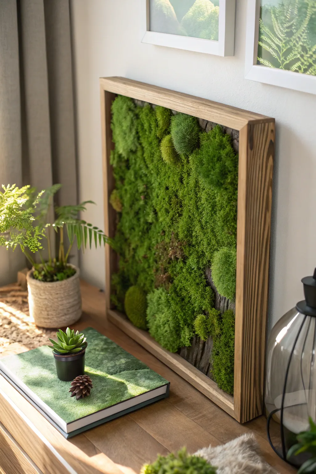Framed wall art made of preserved moss creating a textured green effect.