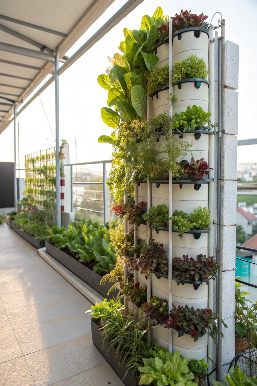 Vertical garden with a drip irrigation system showcasing various thriving plants.