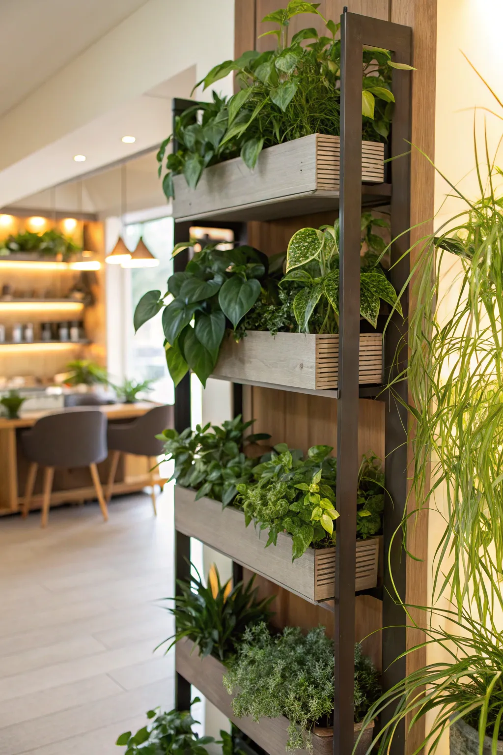 Vertical planter shelves displaying a variety of plants in a cozy interior.