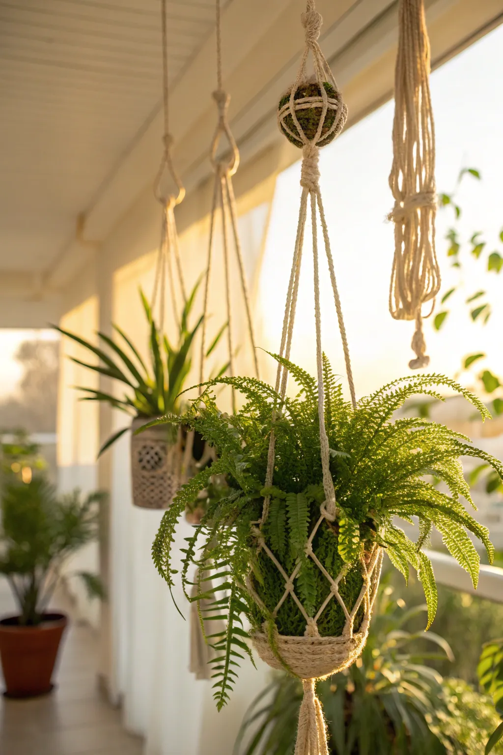 Colorful macramé hanging planters with lush plants in a bright room.