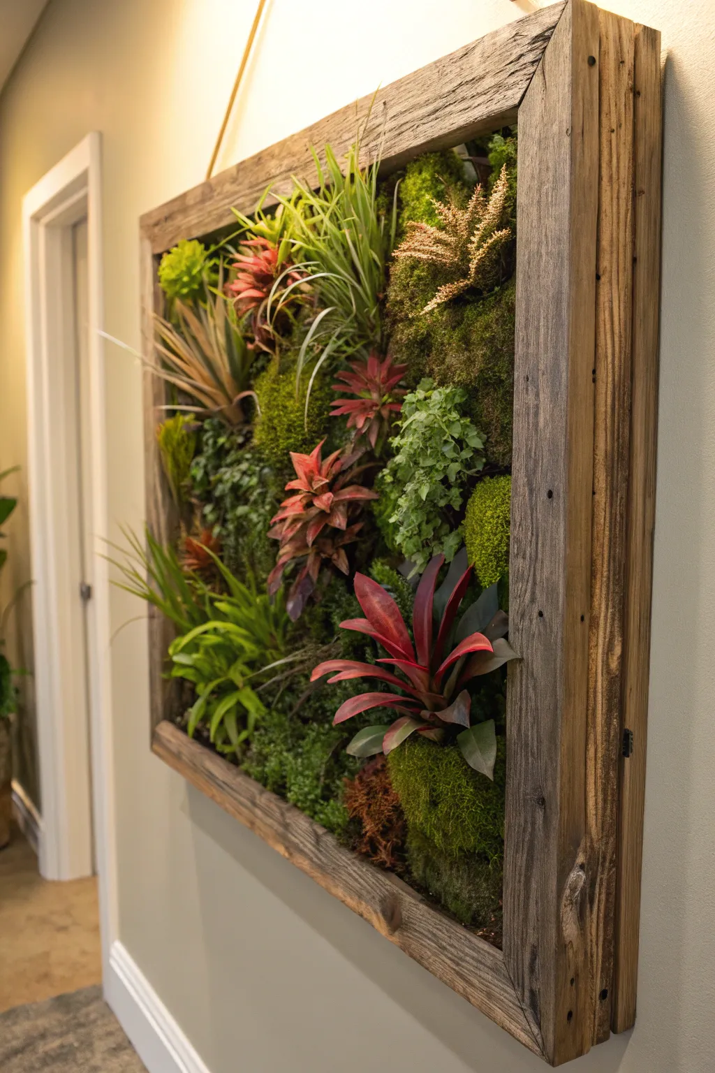Framed living plant wall art featuring various colorful plants.