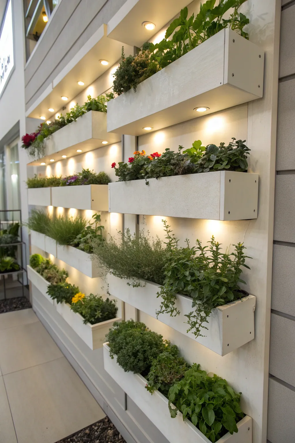 Staggered wall-mounted planter boxes with herbs and flowers.