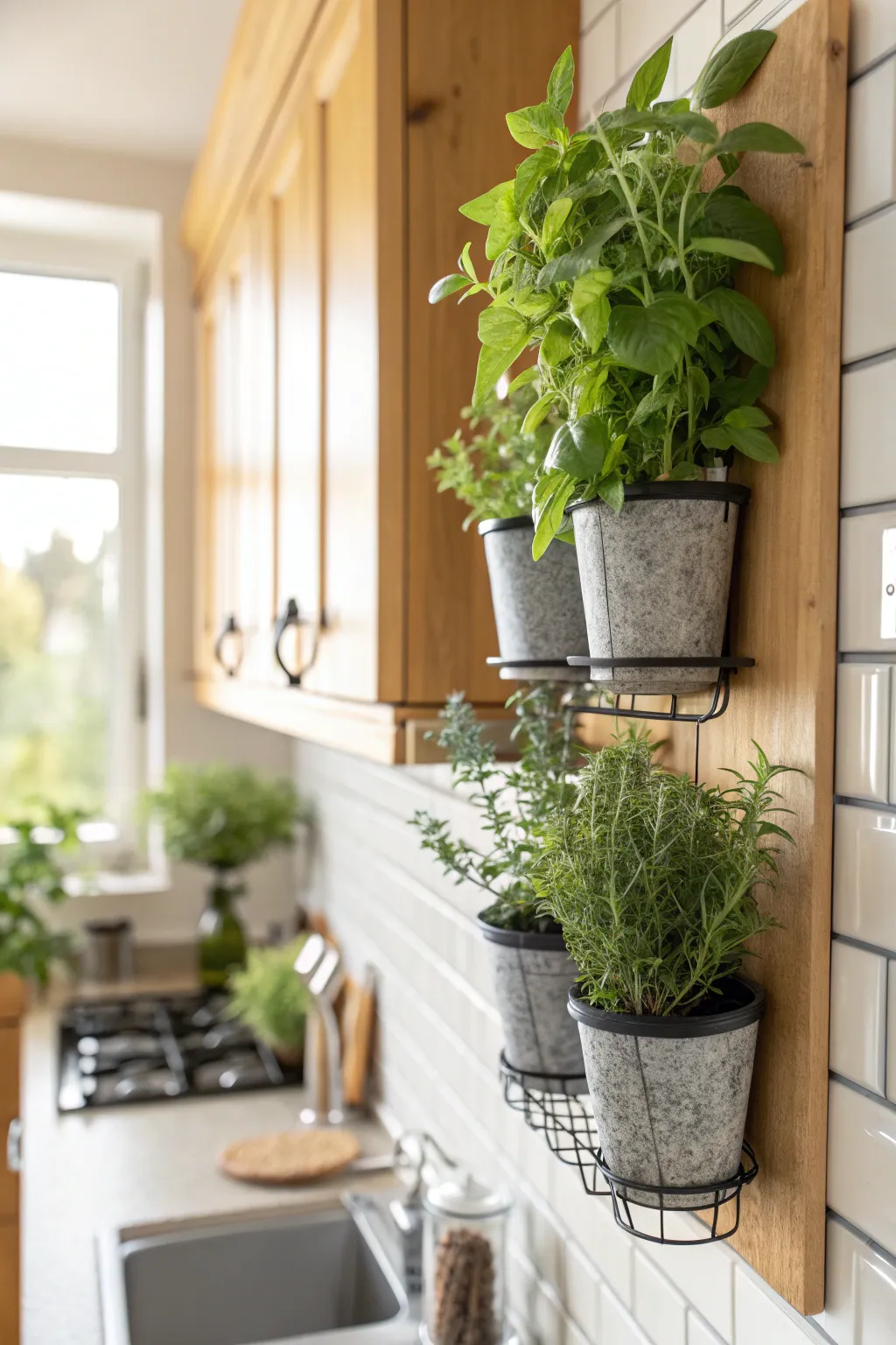 Indoor herb garden on a kitchen wall with vibrant green herbs.