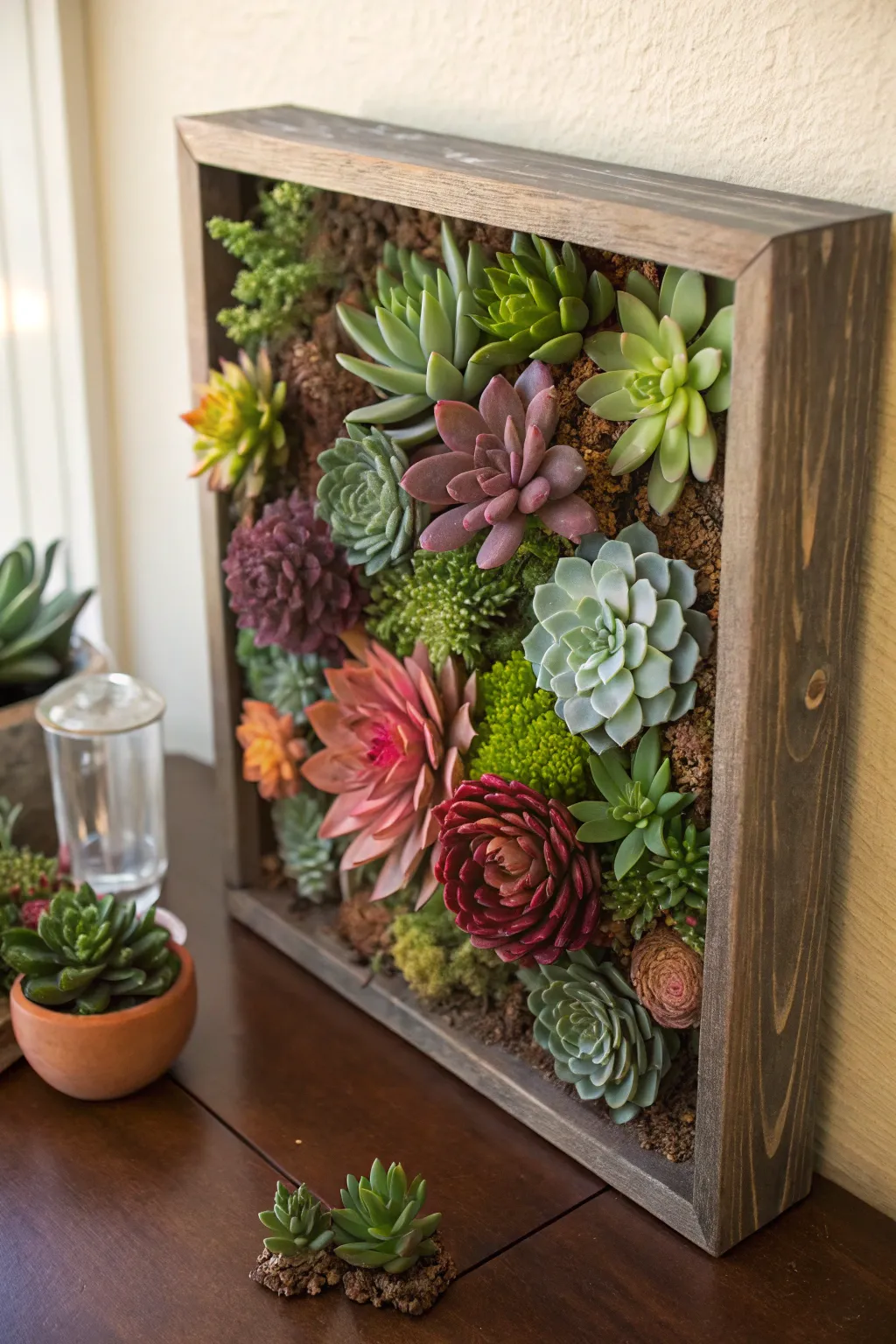 Colorful succulent wall art in a shadow box arrangement.