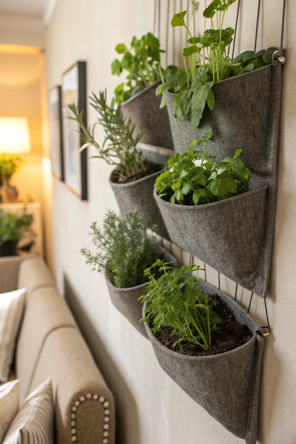 Felt pocket planters on a wall with small plants and herbs.