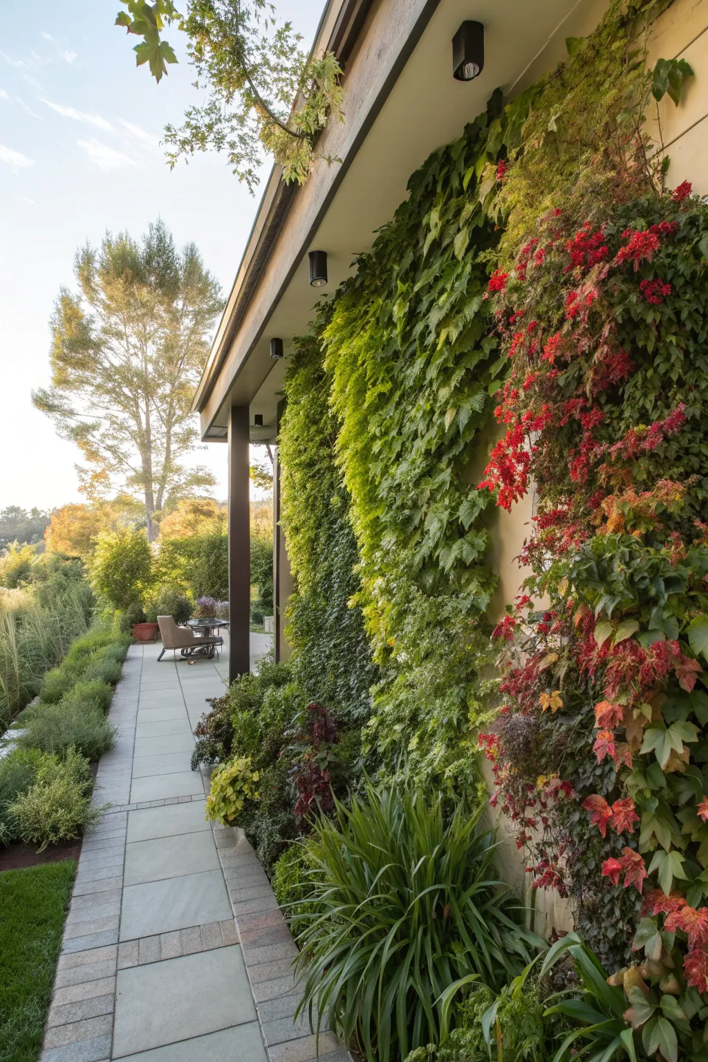 Outdoor living wall garden with climbing plants in a serene setting.