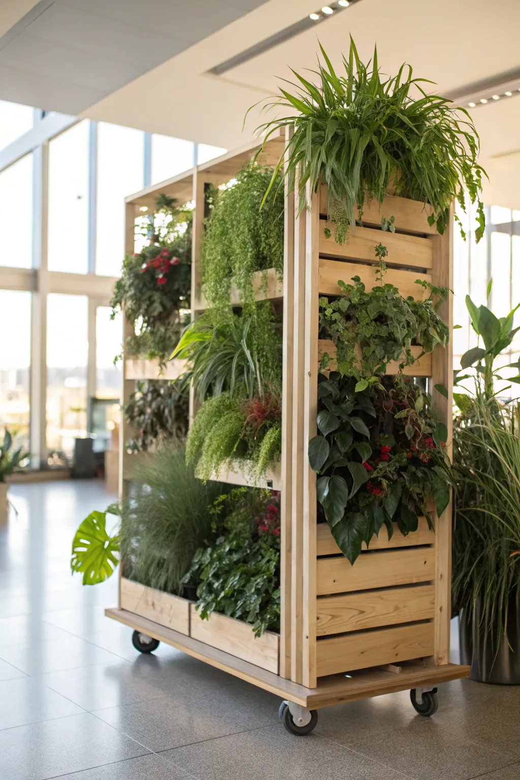 Mobile plant wall on wheels with a variety of plants in a bright room.