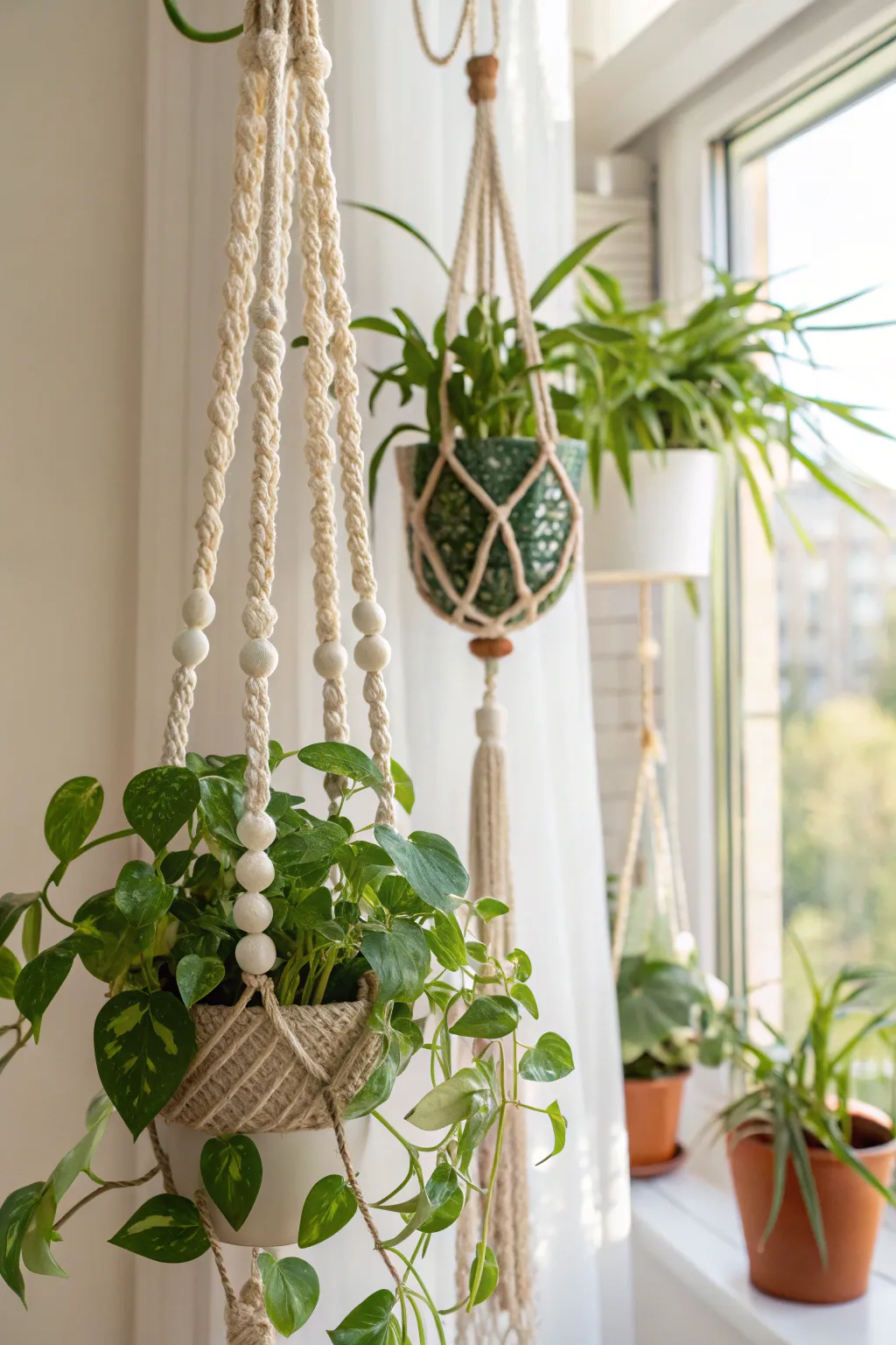 Macramé hanging planters with trailing plants in soft natural light.
