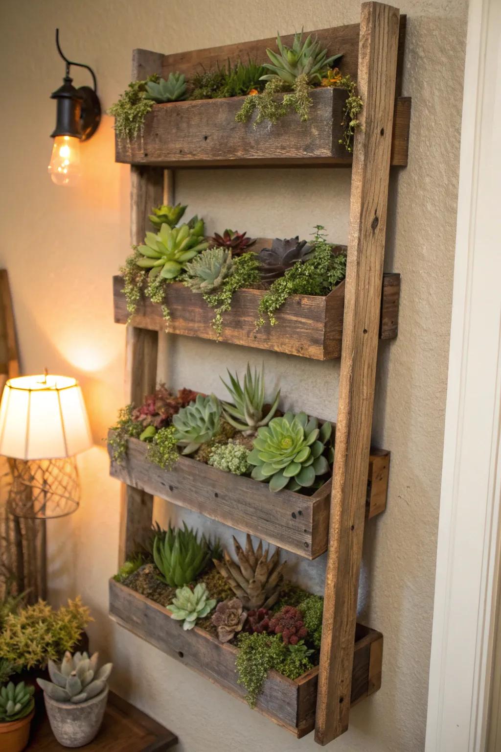 Vertical shelf displaying colorful succulents in warm lighting.
