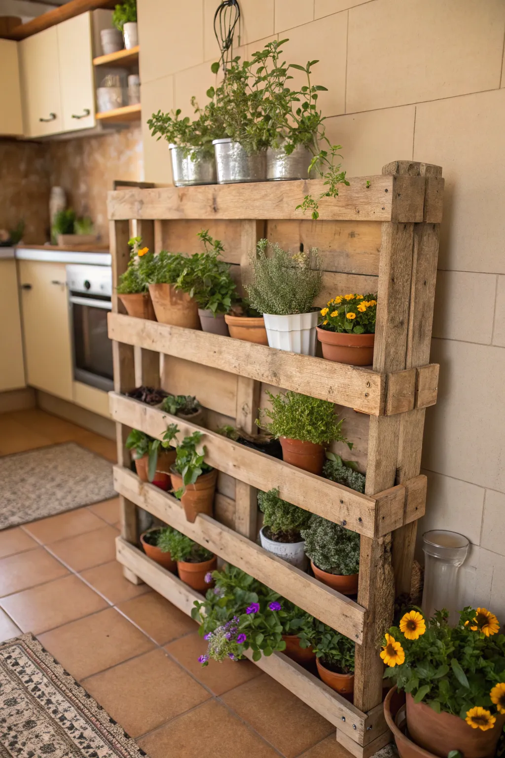 Wooden pallet display filled with herbs and flowering plants.