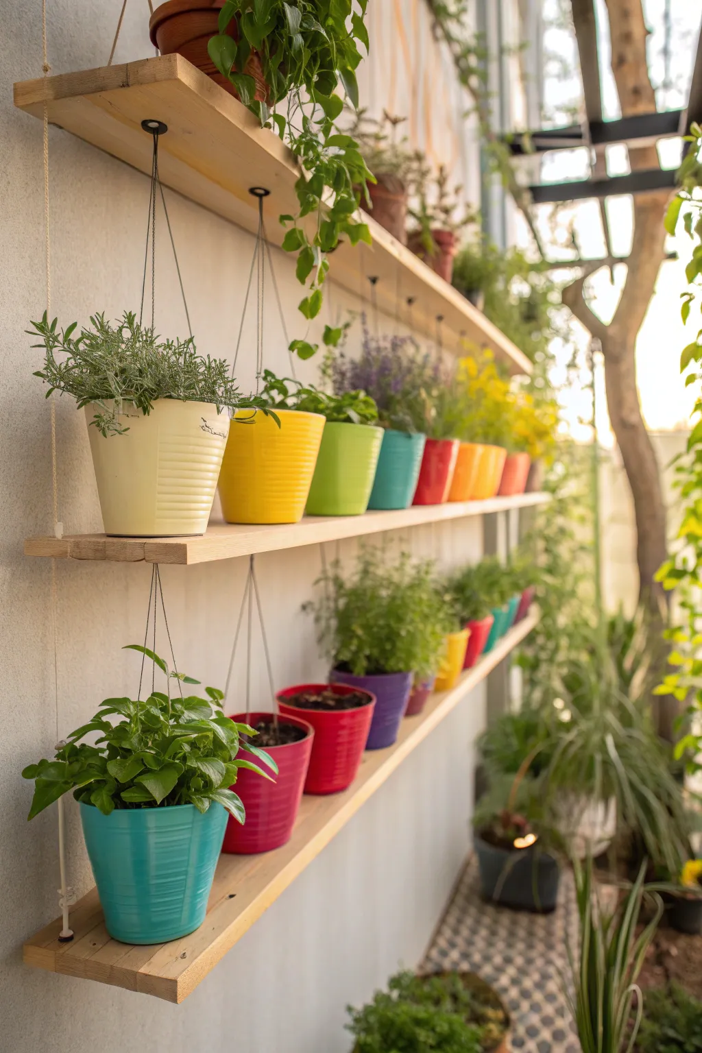 Colorful pots arranged on floating shelves in natural light.