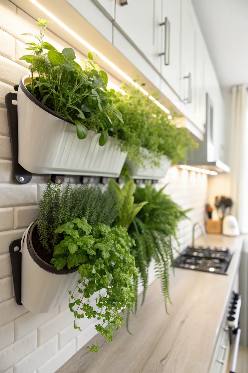 Wall planters with herbs and ferns in a bright kitchen setting.