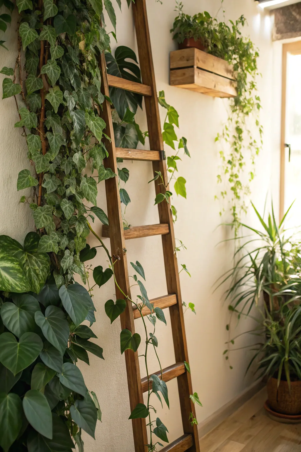 Ladder shelf with climbing plants creating a green wall effect.