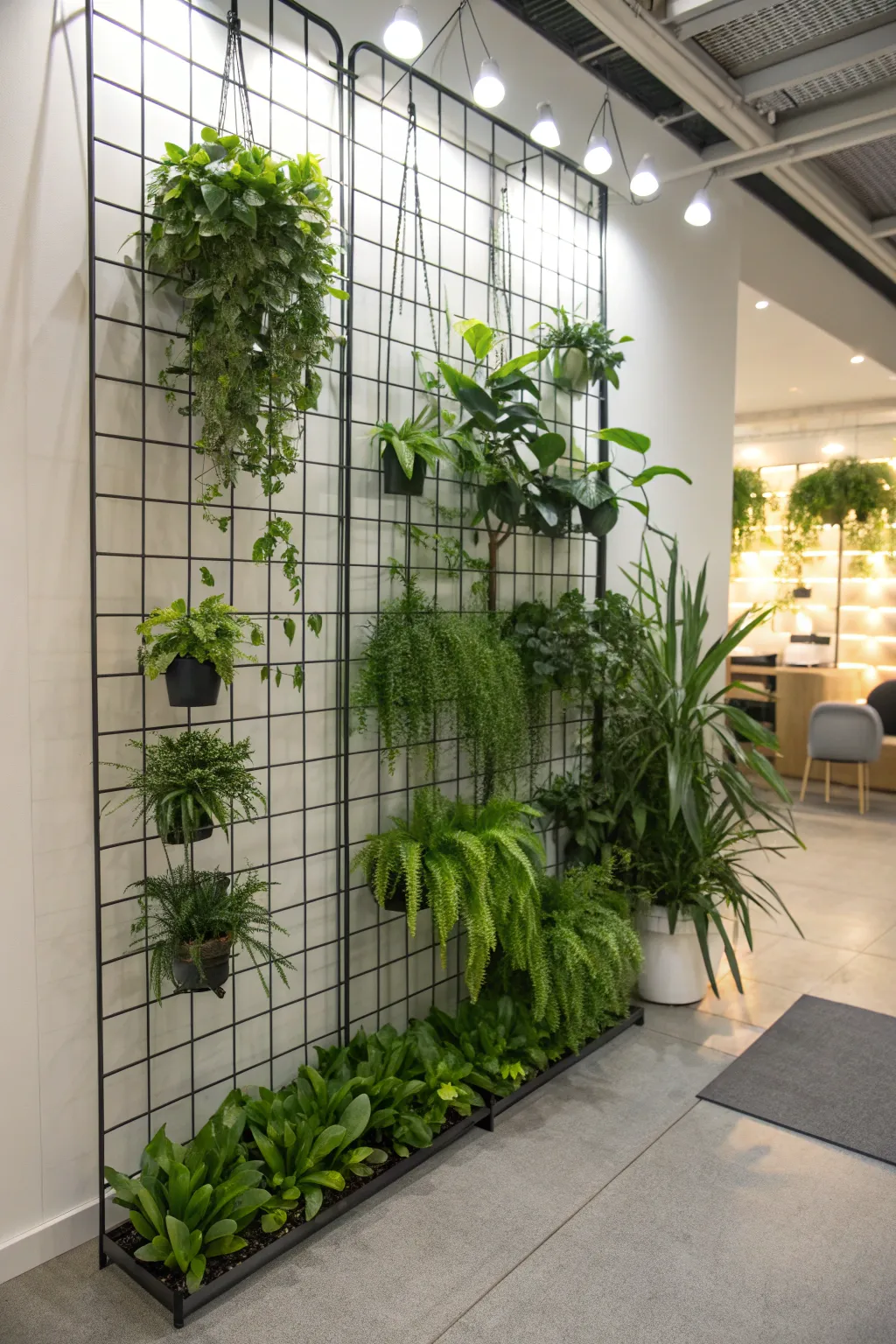 Wire grid panel showcasing various indoor plants in soft light.