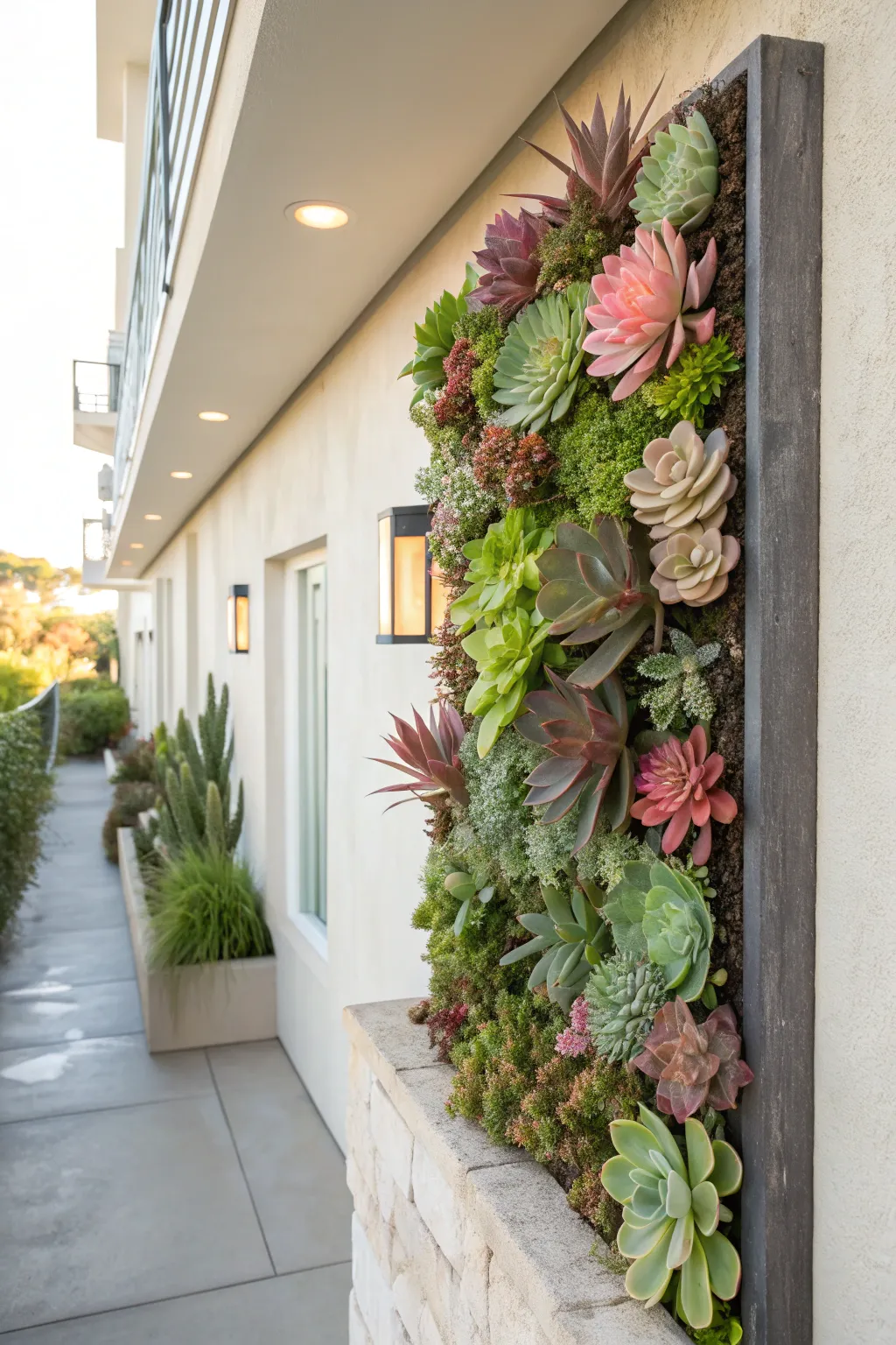 A vertical planter filled with colorful succulents against a minimalist wall.