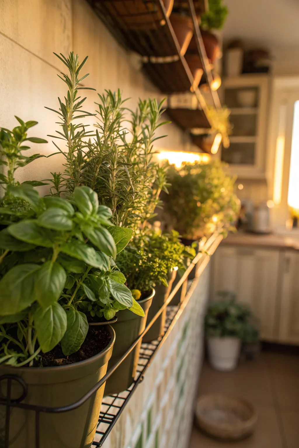 A wall-mounted herb garden with fresh herbs in small planters.