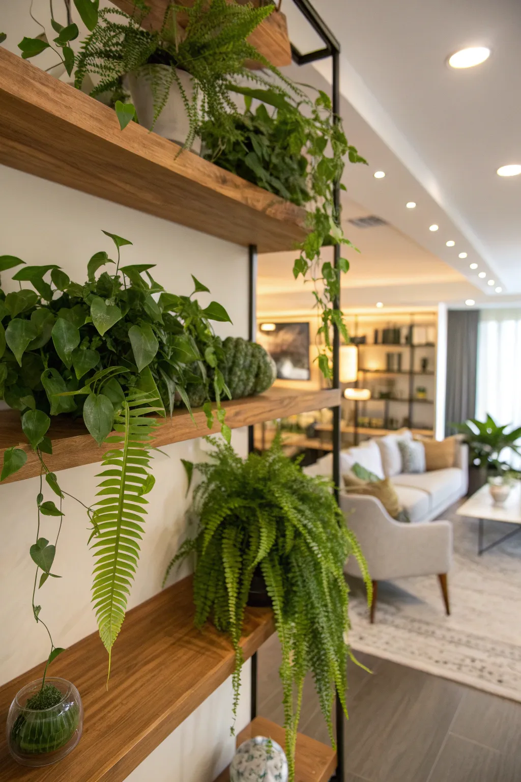Floating shelves displaying a variety of indoor plants in a living room.