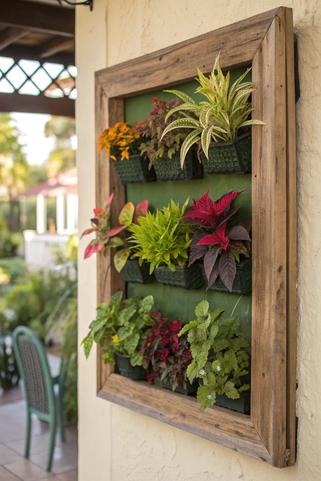 A framed green wall filled with colorful plants in a living room.