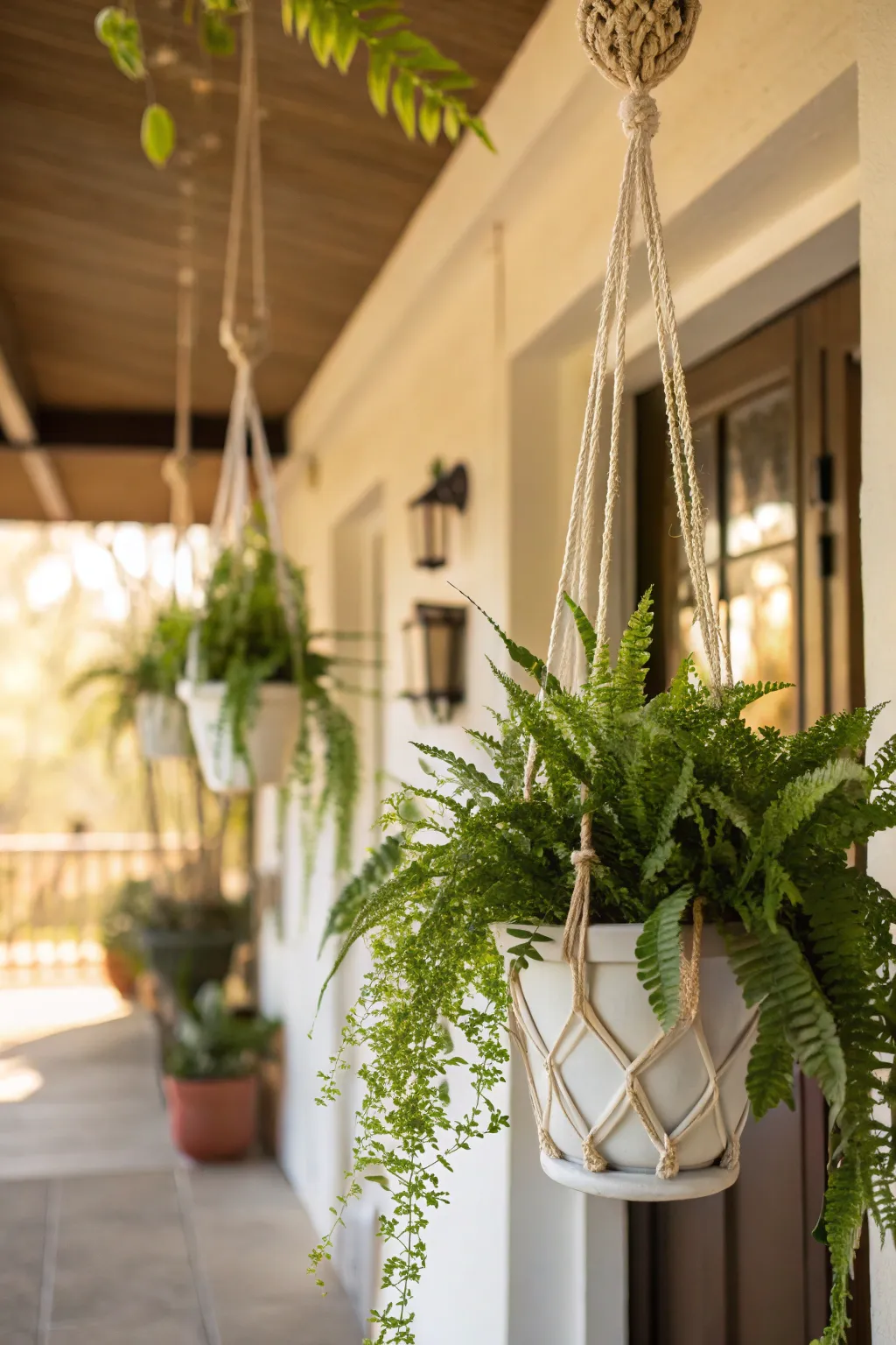 Hanging planters with macrame holders in a welcoming entryway.