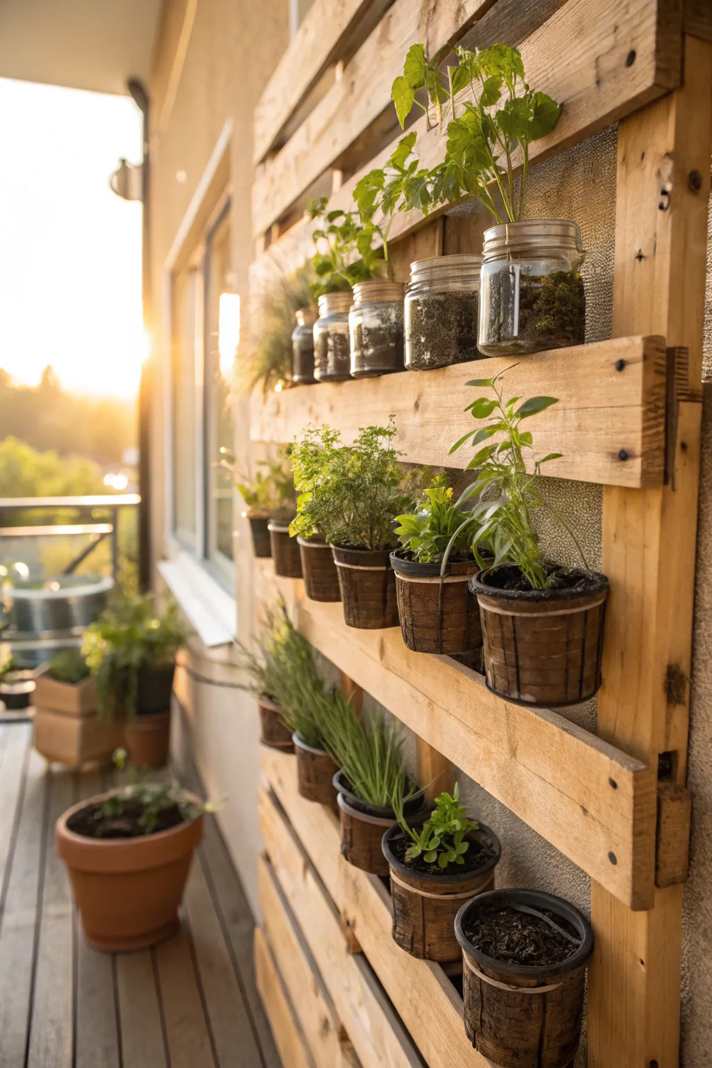 A DIY wooden pallet plant wall with small pots and mason jars.