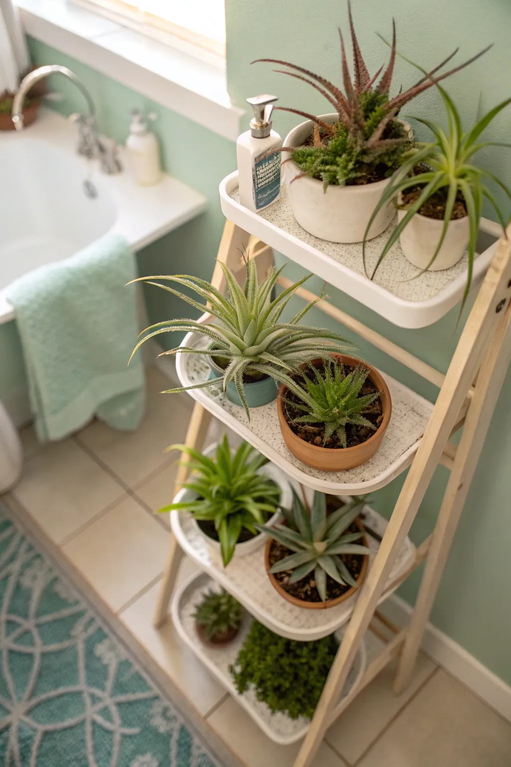 A plant shelf in a bathroom featuring air plants on a tiered stand.