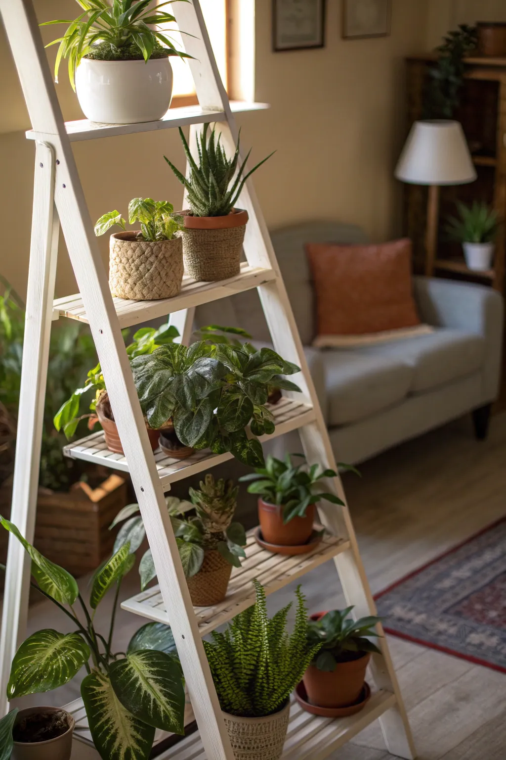 A ladder shelf showcasing various indoor plants in a living room.