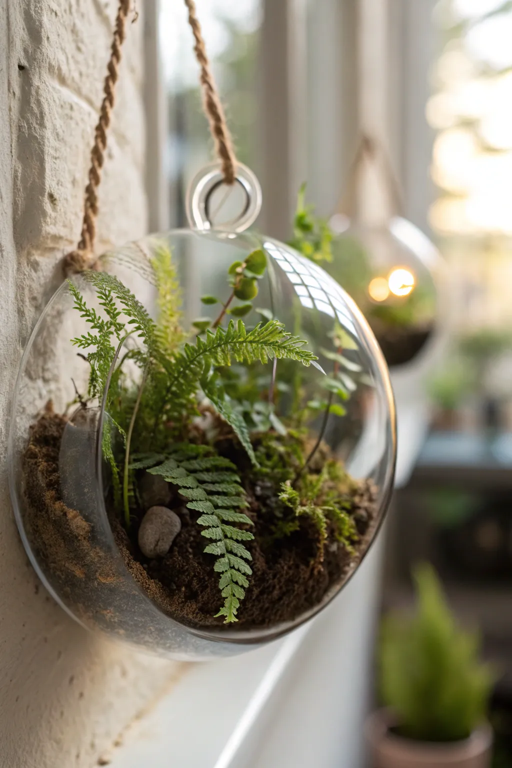 A wall-mounted terrarium with ferns and moss in a stylish setting.