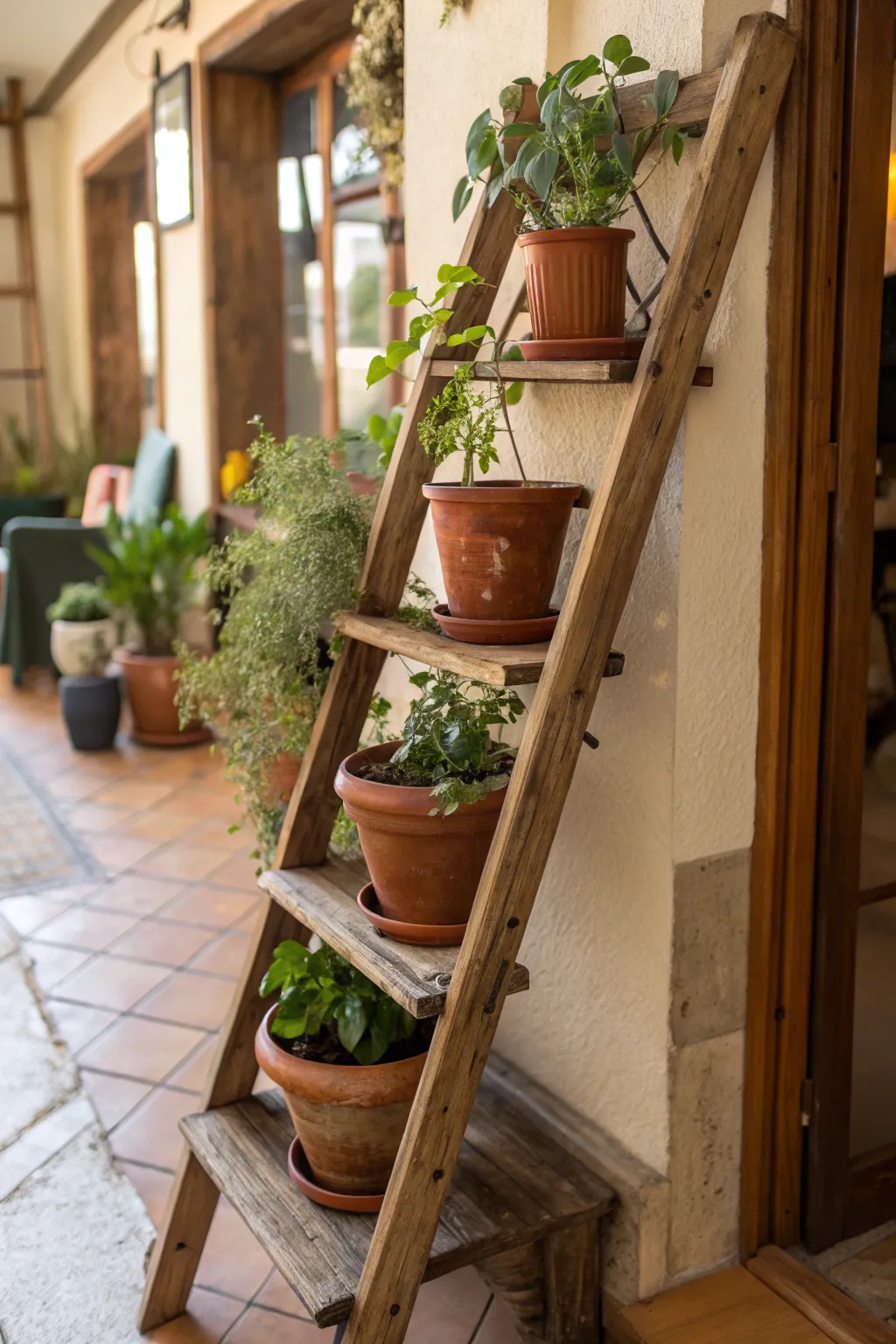 A vintage ladder repurposed as a plant stand with pots displayed.