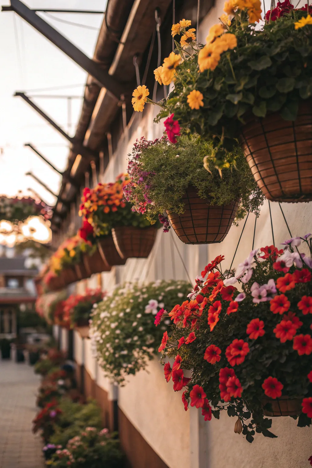 A hanging flower wall adorned with seasonal blooms in planters.