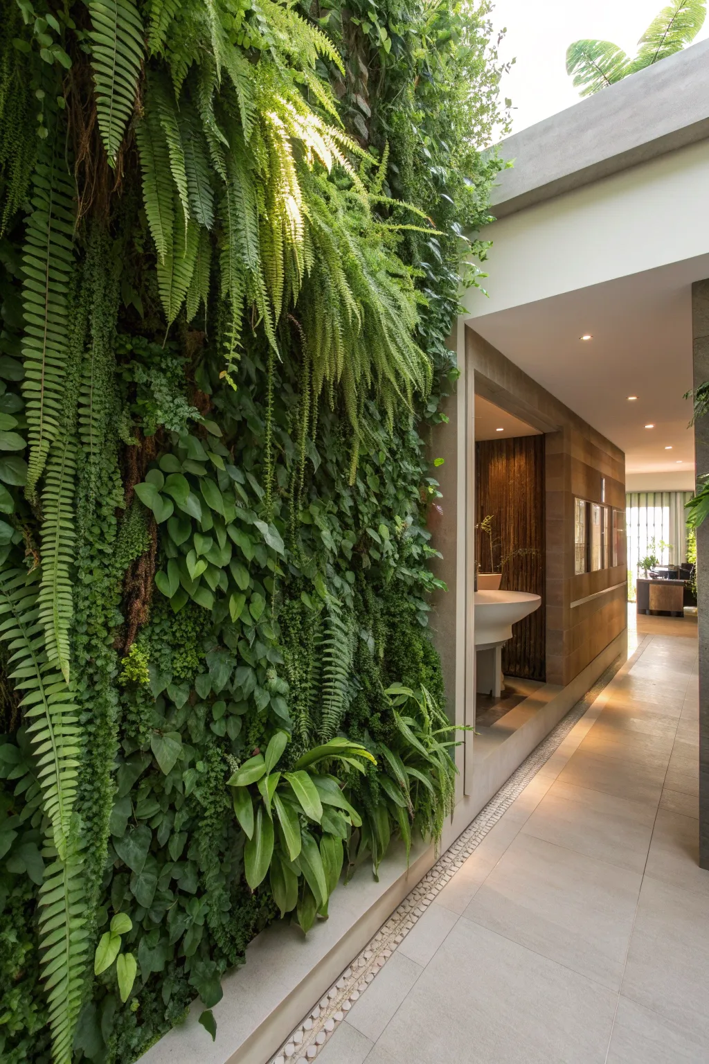A living wall adorned with ferns and vines in a serene setting.