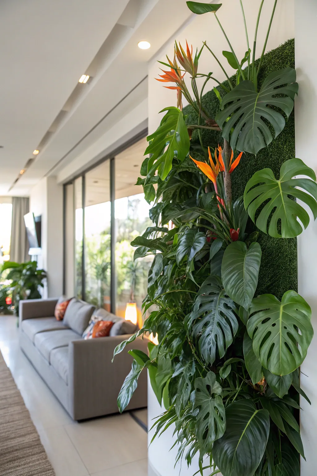 Large wall-mounted plants in a living room creating a bold statement.