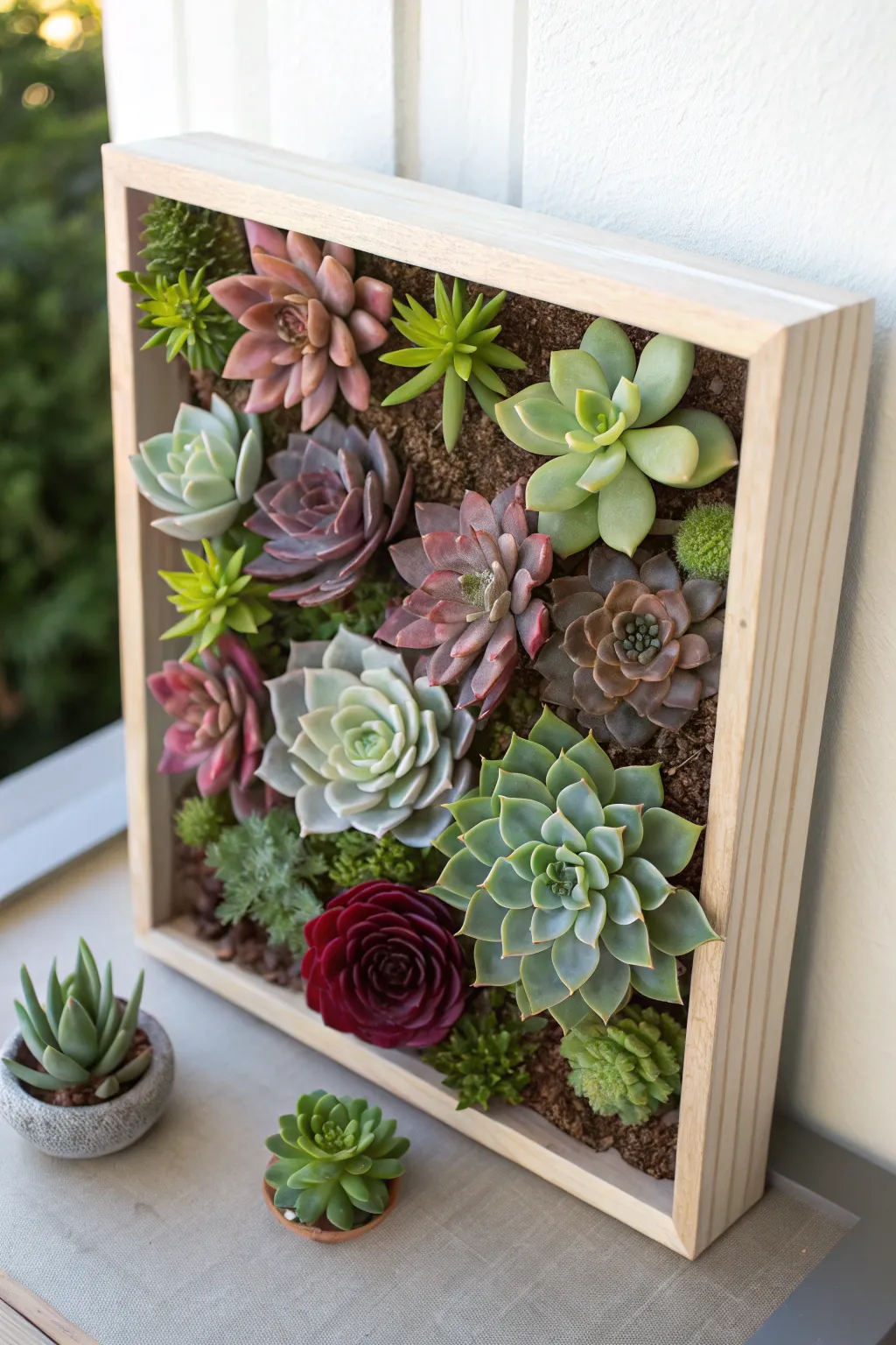 Succulent wall art arranged in a shadow box with vibrant colors.