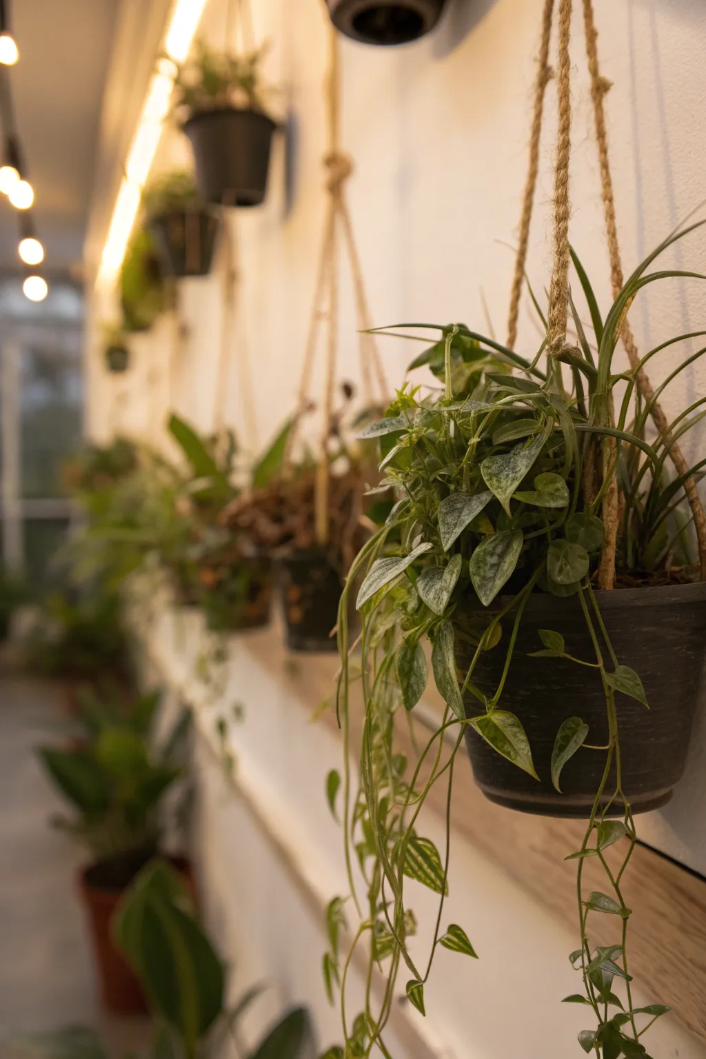 Hanging wall plants in small planters adding greenery to a compact space.